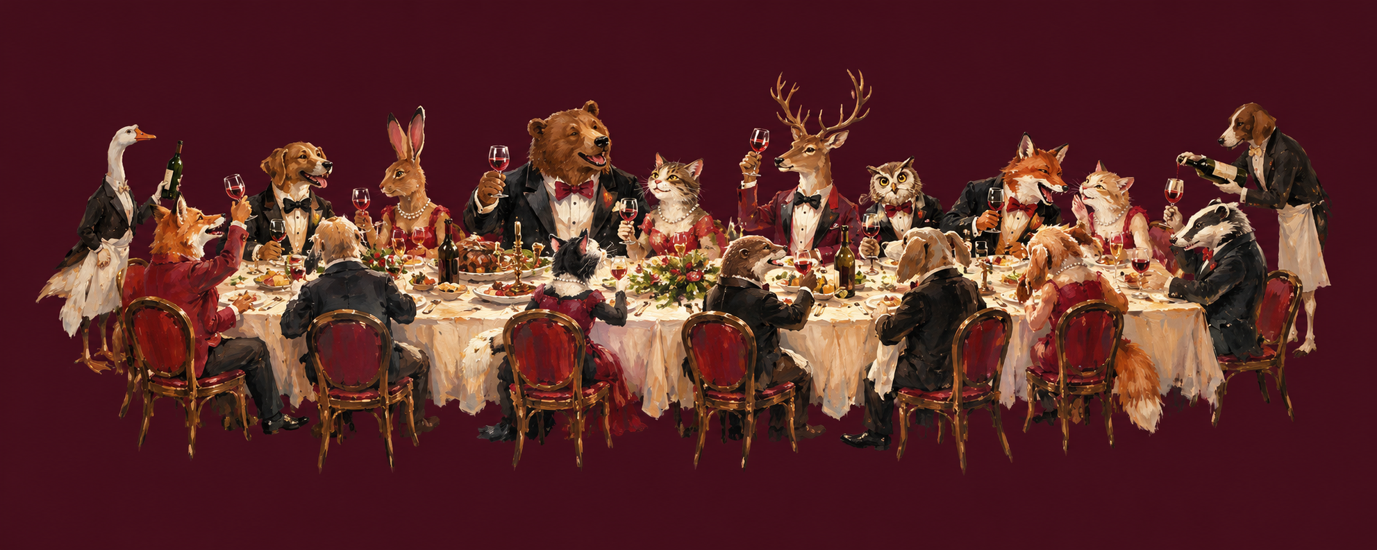 A lively painterly gathering of animals in evening dress sharing a long, candlelit dinner table.